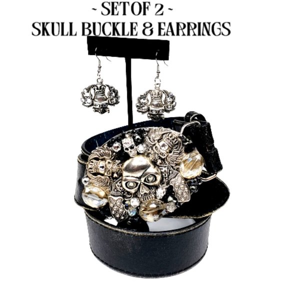 Gothic Skull Embellished Silver Handcrafted Buckle & Earring Srk. Crystals. - Picture 1 of 8